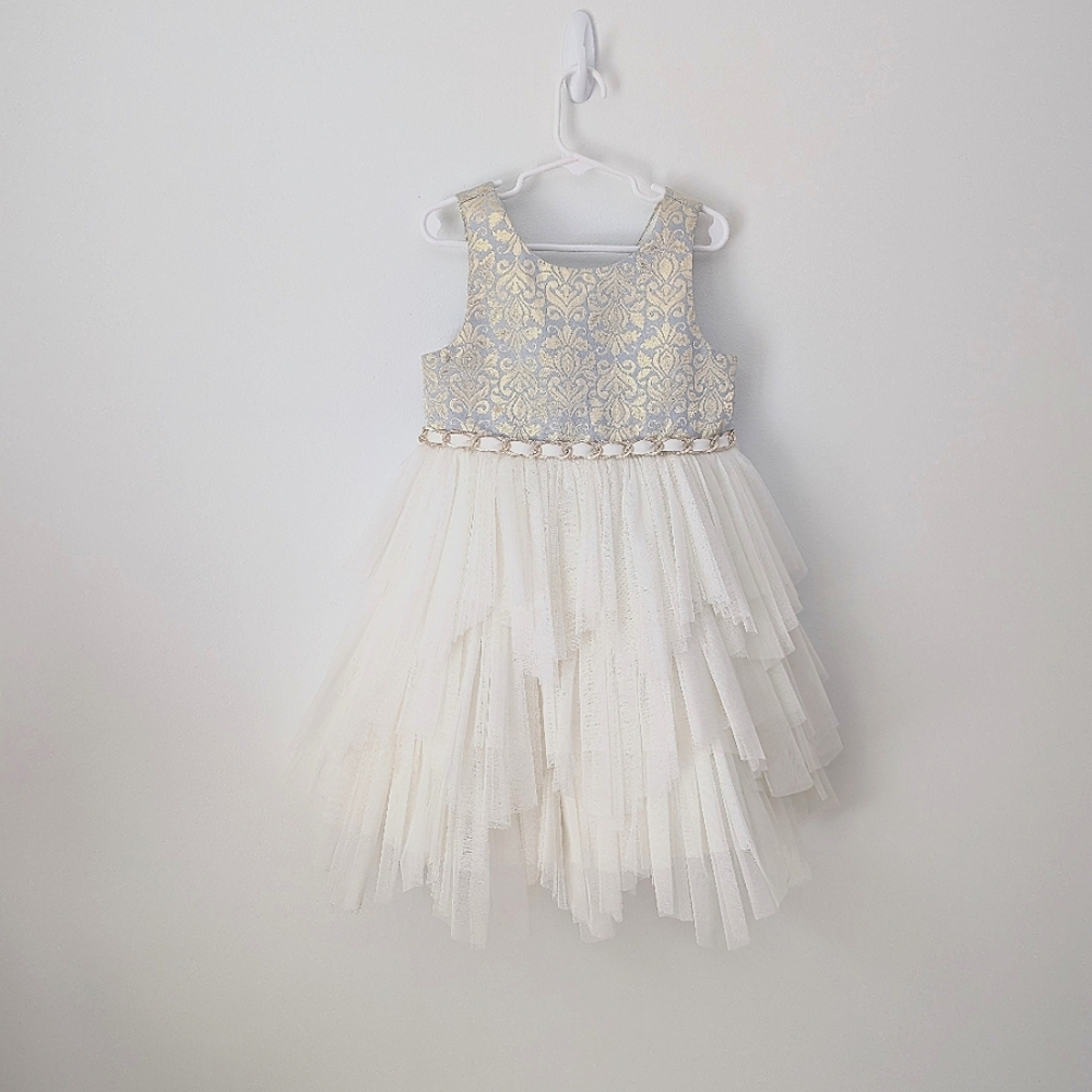 Couture Princess Ivory/Gold Tiered Tulle Girls Dress Size 6 Party Formal Wedding